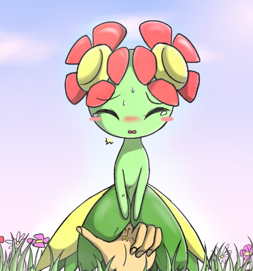 bellossom blush blush_stickers female fingering flower grass hand human_on_plantie molestation nectar plantie pokemon pokephilia pussy_juice sweat tears