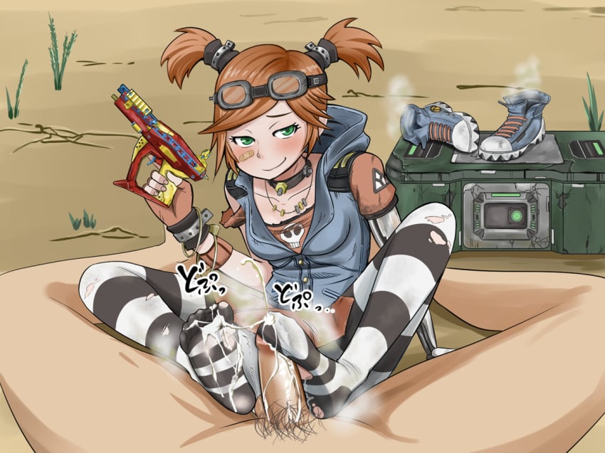 borderlands borderlands_2 cum cum_on_feet ejaculation female foot_fetish footjob gaige_(borderlands) green_eyes gun male male_pov orange_hair phb pov ranged_weapon smell smelly smelly_feet smirk stinky stinky_feet stockings straight striped striped_legwear thighhighs weapon