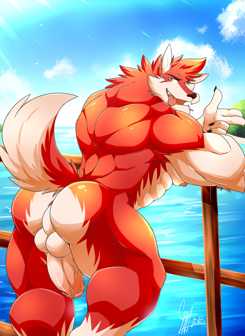 2018 5_fingers abs absurd_res anthro balls biceps big_biceps big_muscles canine daikitei digital_media_(artwork) fur hi_res looking_at_viewer male male_only mammal muscular muscular_male nipples outside pecs penis red_fur simple_background solo