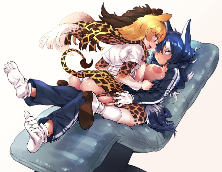 2girls animal_ears ass bangs blonde_hair blue_hair boots breast_press breasts brown_eyes brown_hair clothes_grab commentary_request eye_contact eyebrows_visible_through_hair giraffe_ears giraffe_horns giraffe_print gloves grabbing green_eyes grey_wolf_(kemono_friends) hair_over_one_eye highres hori_(hori_no_su) jacket kemono_friends kneeling large_breasts long_hair long_sleeves looking_at_another multicolored_hair multiple_girls nipples open_clothes open_jacket open_mouth open_shirt panties pants pantyhose parted_lips print_legwear print_neckwear print_skirt reticulated_giraffe_(kemono_friends) saliva saliva_trail scarf shirt short_sleeves sitting skirt smile tail tearing_clothes tongue tongue_out torn_clothes torn_pantyhose track_jacket track_pants track_suit two-tone_hair underwear white_gloves white_hair white_panties white_shirt wolf_ears wolf_tail yuri