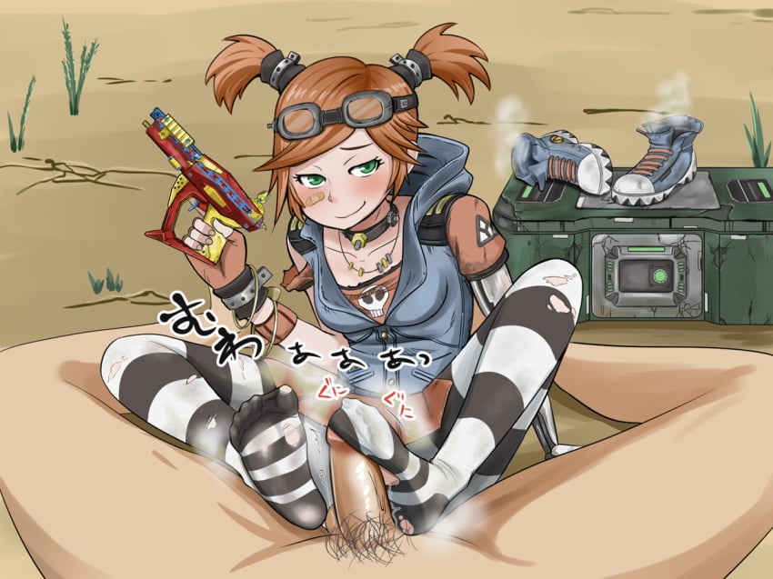 borderlands borderlands_2 female foot_fetish footjob gaige_(borderlands) green_eyes gun male male_pov orange_hair phb pov ranged_weapon smell smelly smelly_feet smirk stinky stinky_feet stockings straight striped striped_legwear thighhighs weapon