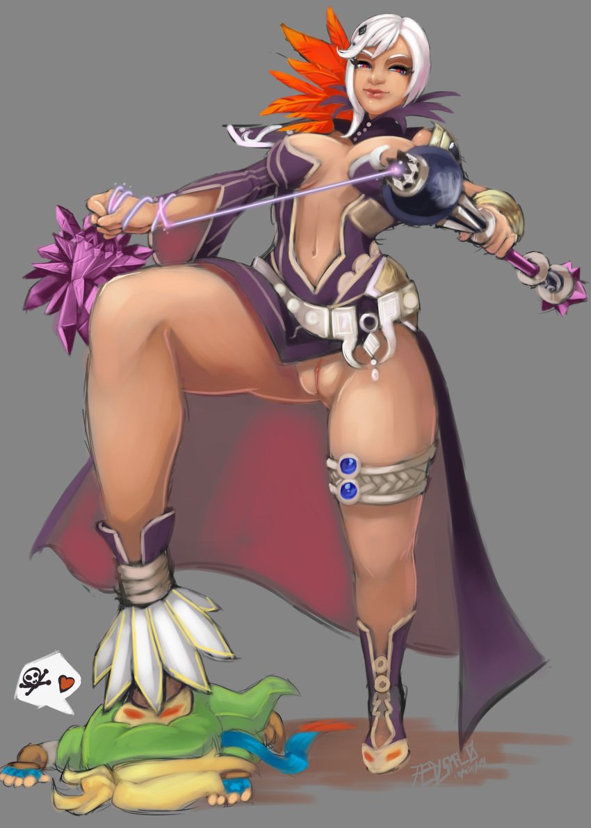 1boy abysmal0 bottomless breasts cia_(the_legend_of_zelda) curvaceous curvy dark_skin faceplant female femdom hyrule_warriors large_breasts link navel pussy the_legend_of_zelda thick_thighs wide_hips