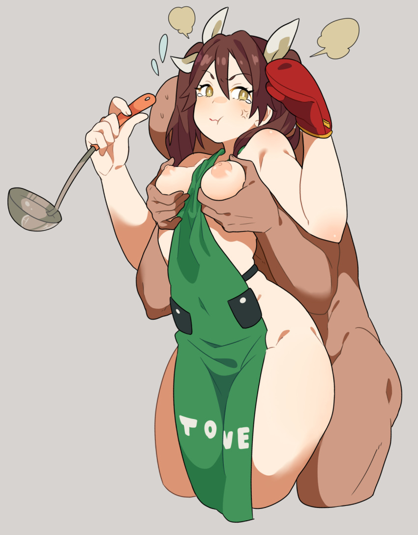 1boy :t anger_vein apron areolae between_breasts breast_grab breasts brown_hair clothes_between_breasts clothes_writing curvy emu_(eomou) faceless faceless_male female groping highres kantai_collection ladle male medium_breasts naked_apron nipples nude oven_mitts pout puffy_nipples straight sweatdrop tears tied_hair tone_(kantai_collection) twintails wide_hips yellow_eyes