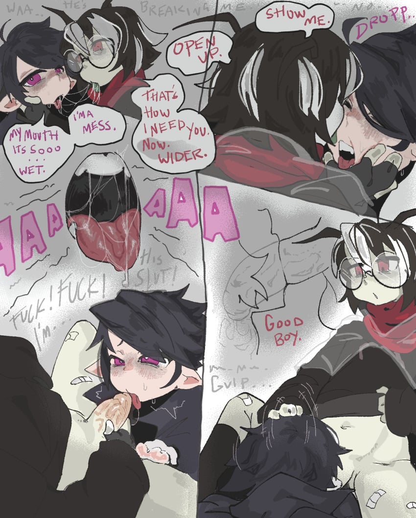 2boys antennae_(anatomy) bottomless close-up cum cum_in_mouth cum_in_throat fellatio femboy femboy_on_femboy gay gay_sex glasses indie_virtual_youtuber insects kissing ollyxpop pointy_ears purple_eyes ray_rabenstein red_eyes saliva shirt_lift sloppy_blowjob sloppy_kiss swirldrop vampire virtual_youtuber x-ray y2kqtz