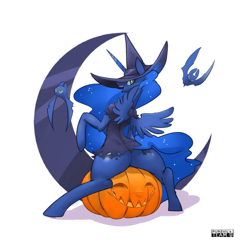 alicorn ass bat curves equine feral friendship_is_magic halloween horn horse jack-o'-lantern moon my_little_pony pony princess_luna_(mlp) pumpkin purevil wings witch_hat