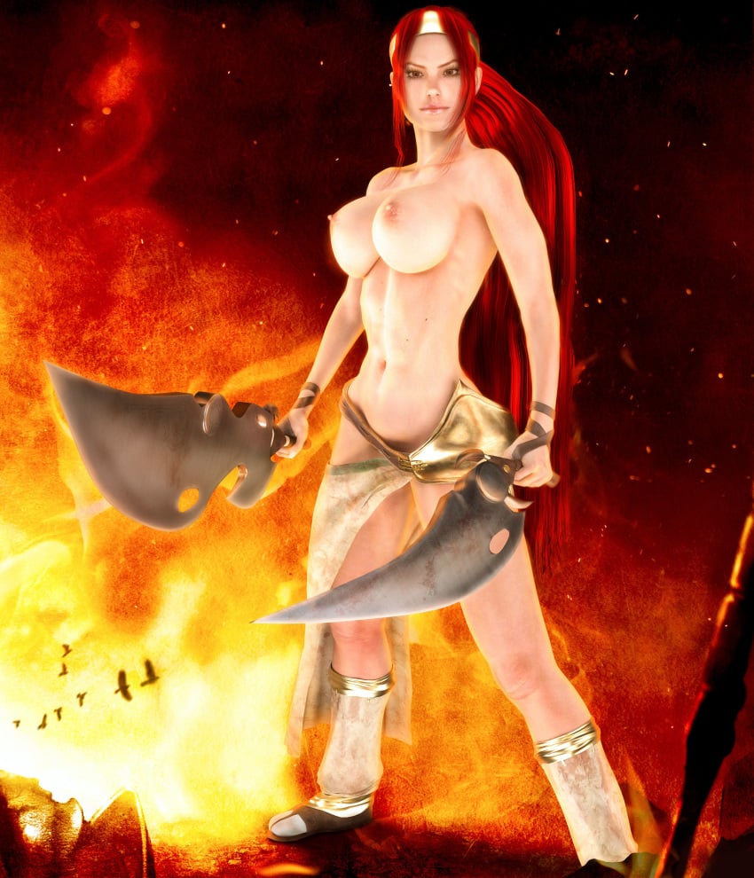 3d areola birds breasts brown_eyes darvarq daz dual_wielding erect_nipples female fire glow heavenly_sword huge_breasts large_breasts leg_warmers lips long_hair nariko navel nipples no_bra outdoors pale_skin perky_breasts ponytail pose red_hair sash skimpy smile solo sony standing sword tiara tied_hair topless very_long_hair weapon