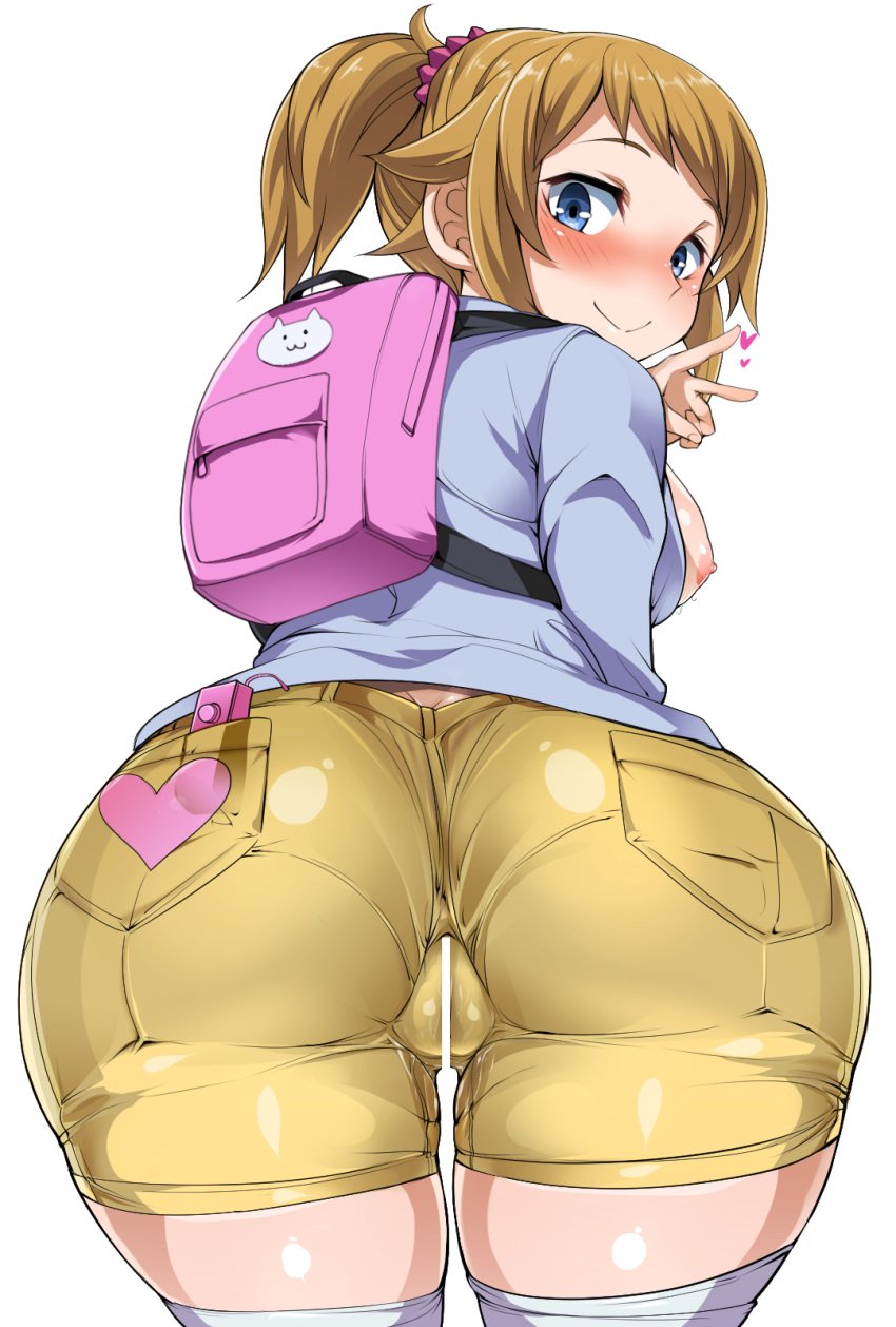 1girls arched_back areolae ass backpack blue_eyes blush breasts breasts_out brown_hair cameltoe censored female from_behind gundam gundam_build_fighters gundam_build_fighters_try heart highres hoshino_fumina huge_ass looking_back pointless_censoring ponytail pussy_juice shorts silly_(marinkomoe) skin_tight smile solo thighhighs tied_hair v wide_hips