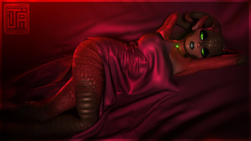 1girls arms_behind_head bed big_breasts bimbo breasts collar cover covered_up demon demon_horns demoness demonic_eyes eyeshadow ezria female gem glowing glowing_eyes green_sclera horn humanoid jessica_anner lipstick long_ears looking_at_viewer lying lying_down makeup nude original presenting red_scales red_skin satin scales silk succubus tease teasing