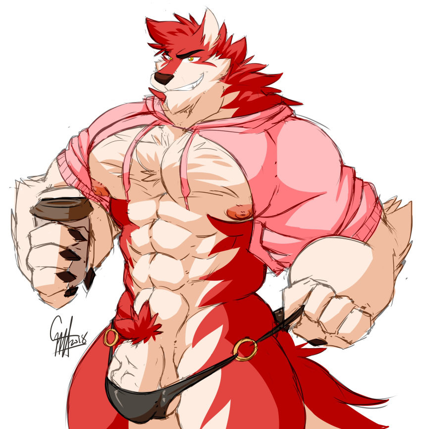 anthro balls beverage bulge canine clothing daikitei flaccid humanoid_penis male male_only mammal muscular muscular_male pecs penis pubes smile solo standing underwear vein