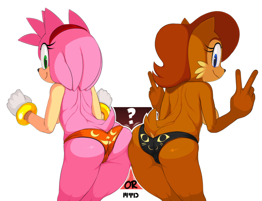 2girls ? amy_rose anthro archie_comics ass backside black_cat blue_eyes breasts brown_hair brunette butt_squish clenched_hands clothing cute eyelashes female female_only fur furry furry_only gloves green_eyes halloween headband hi_res inviting jack-o'-lantern looking_back marthedog medium_breasts mobian_(species) multiple_females panties petite pink_hair raised_tail ringlets sally_acorn sega shiny_fur sideboob sonic_(series) sonic_satam sonic_the_hedgehog_(archie) sonic_the_hedgehog_(comics) sonic_the_hedgehog_(series) tail take_your_pick thick_thighs thighs topless v white_outline