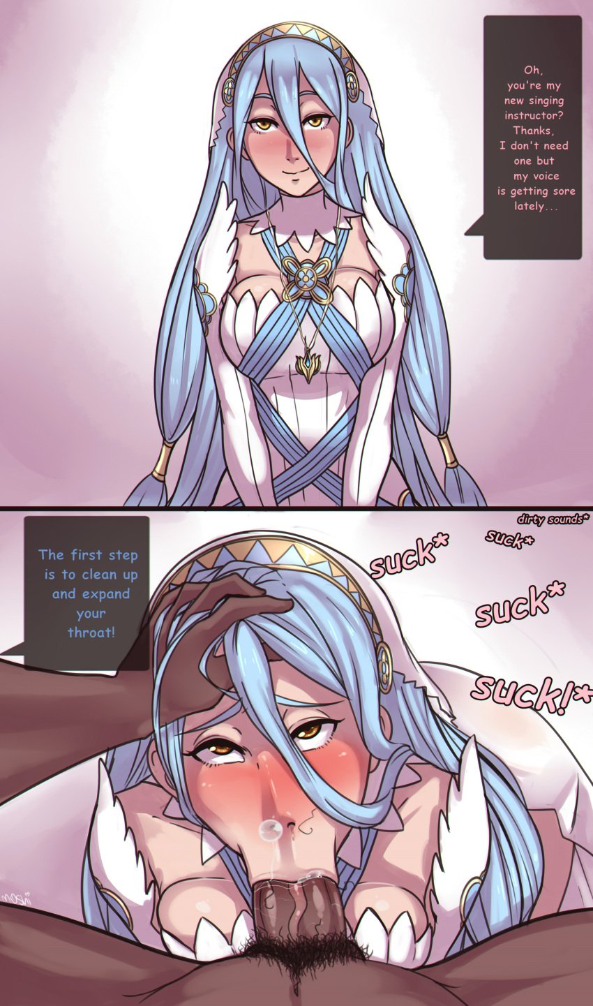 1girls 2koma :>= amber_eyes azura_(fire_emblem) big_breasts blue_hair cum_bubble dark-skinned_male dark_skin english_text fellatio female fire_emblem fire_emblem_fates hairy_male instant_loss_2koma interracial male moshimashi oral solo_focus sound_effects stray_pubic_hair tagme text text_box