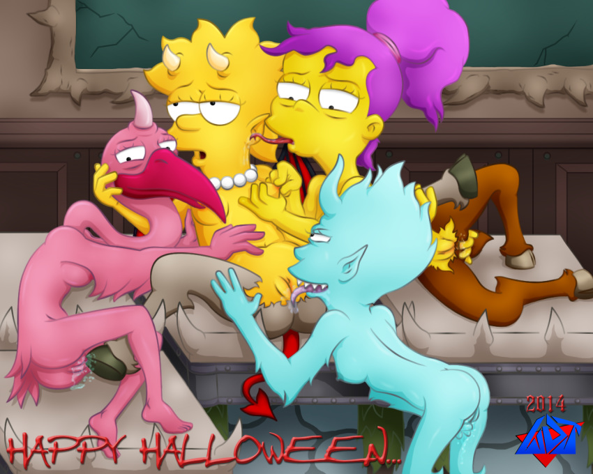 corruption demon female foursome halloween hell lisa_simpson multiple_females multiple_girls the_simpsons uncensored wdj yellow_body yuri