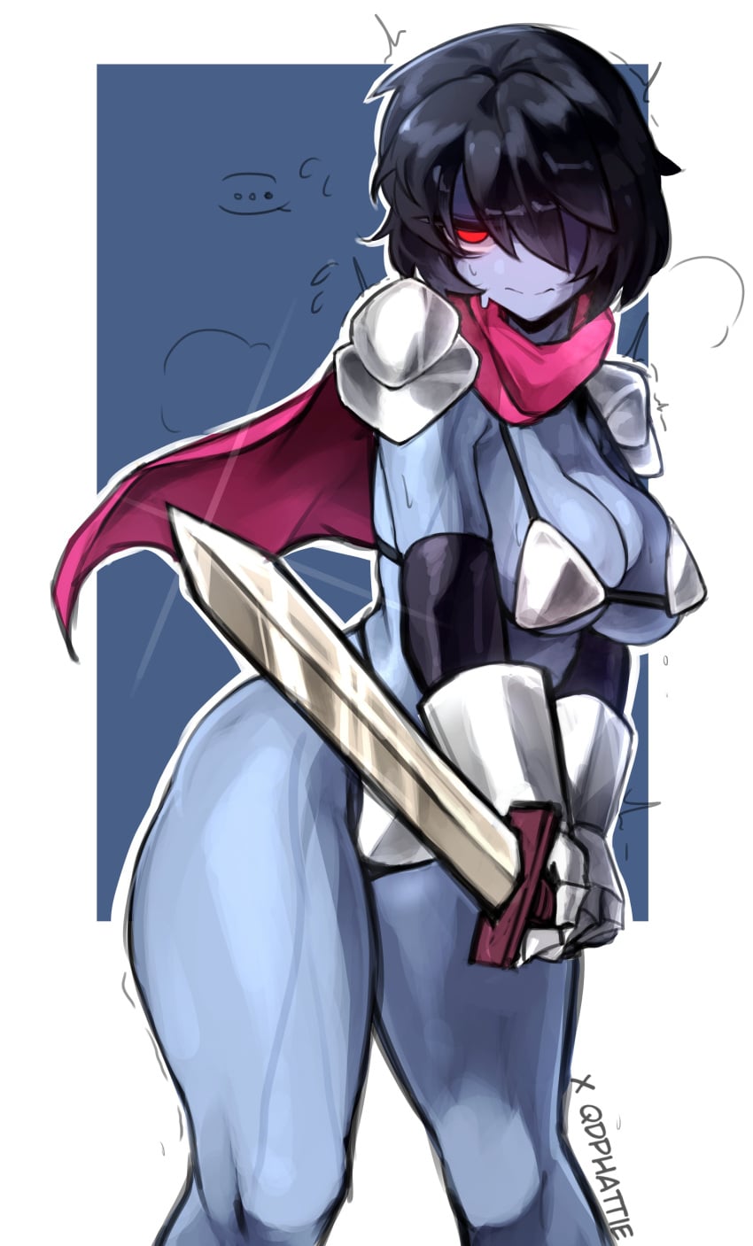1nonbinary bikini bikini_armor deltarune embarrassed embarrassed_female kris_(deltarune) kris_female_(deltarune) qdphatie red_eyes sword