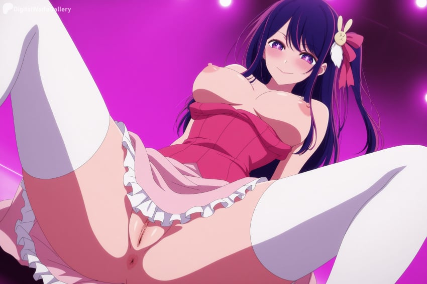 1girl ai_generated anus blush breasts closed_mouth clothes_pull digitalwaifugallery dress dress_pull frills hair_ornament hair_ribbon hi_res high_quality high_resolution hoshino_ai idol idol_clothes large_breasts long_hair looking_at_viewer nipples oshi_no_ko patreon patreon_username pink_dress pink_ribbon purple_eyes purple_hair pussy rabbit_hair_ornament ribbon seductive sexy sidelocks skirt smile solo spread_legs star-shaped_pupils star_(symbol) symbol-shaped_pupils thighhighs uncensored watermark white_thighhighs