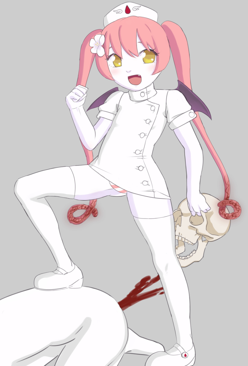 demon_wings ebola-chan femdom nurce_cap pink_hair skull wings