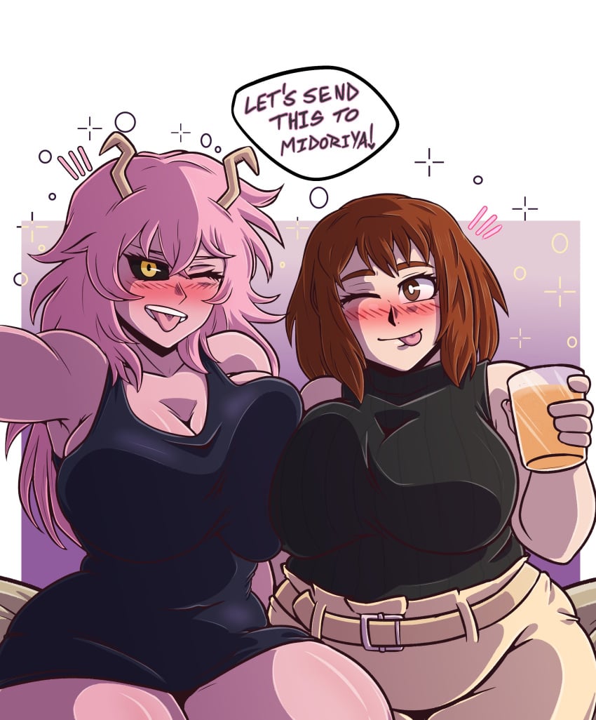 2girls aged_up artist_request blush blushing boku_no_hero_academia breasts_squeezed_together chubby chubby_female drunk huge_breasts mina_ashido mina_ashido_time-skip my_hero_academia ochako_time-skip ochako_uraraka pink_hair pink_skin post-timeskip selfie tongue_out twitter_link