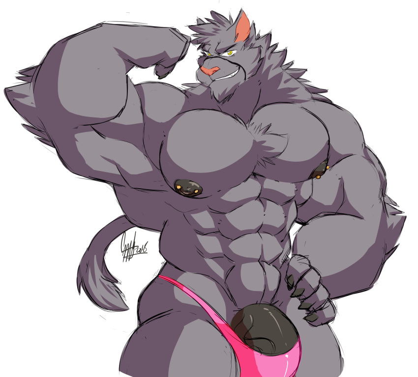 anthro bulge clothing daikitei feline flaccid flexing humanoid_penis looking_at_viewer male male_only mammal mostly_nude muscular muscular_male nipple_piercing nipples pecs penis piercing smile solo standing underwear vein