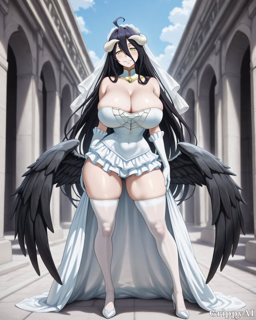 1girl 2d ai_generated albedo anime_style black_hair black_wings building cleavage detailed_eyes detailed_face gloves grippyai high_quality horns huge_breasts long_hair looking_at_viewer outdoors overlord shiny_skin smile solo standing white_dress white_horns yellow_eyes