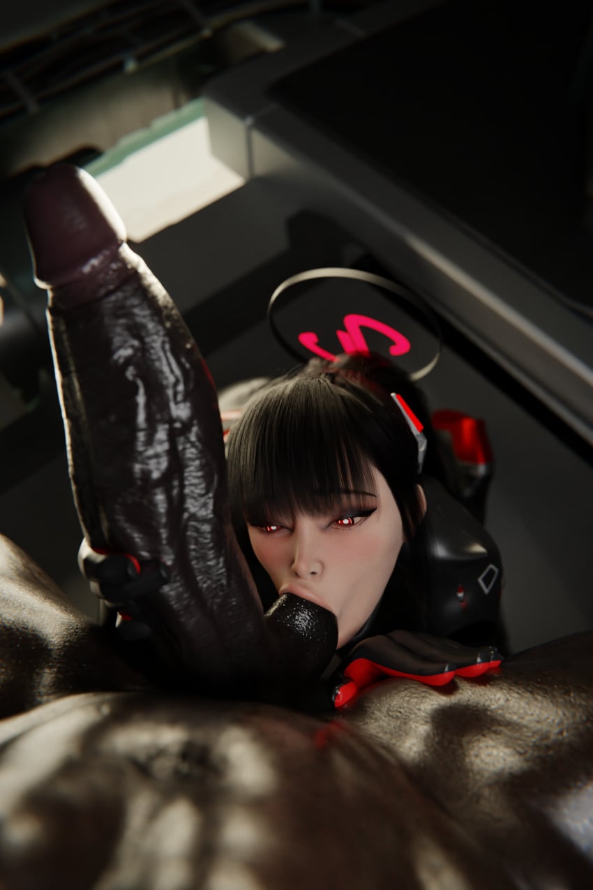 1boy 1girls 3d balls_sucking big_penis black_hair blender blue_archive dark-skinned_male image_set light-skinned_female looking_at_viewer ninjin3d pov red_eyes rio_(blue_archive) sucking_balls