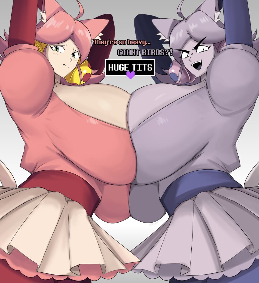 breast_press breast_to_breast breasts_bigger_than_head cat_ears catgirl catgirls deltarune dual_persona emmarrgus heavy_breasts huge_breasts large_breasts mad_dummy mad_mew_mew mew_mew_(undertale) soul_(deltarune) symmetrical_docking