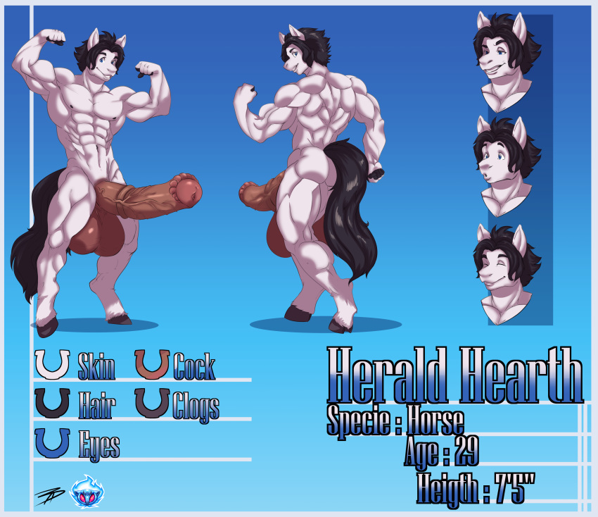 anthro balls big_balls black_hair blueavis equine fur hair herald_hearth herald_hearth_(character) hi_res horse huge_balls hyper hyper_balls hyper_penis male male_only mammal muscular penis white_fur