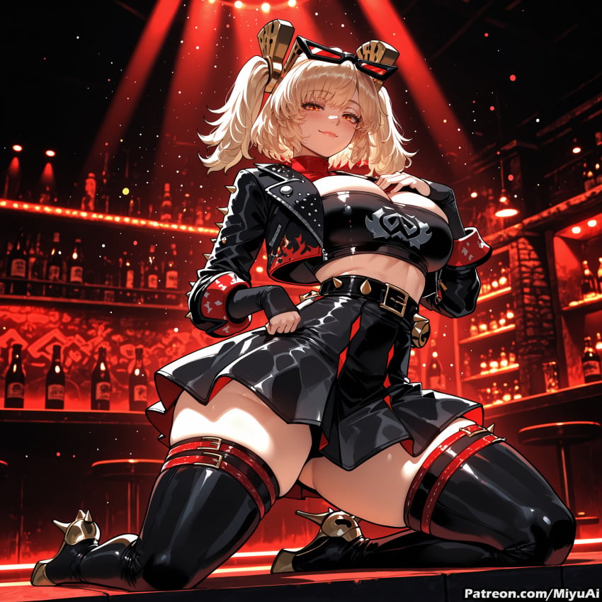 1girl ai_assisted ai_generated bangs black_footwear black_gloves black_jacket black_legwear black_skirt blonde_hair boots breasts burnice_white city_lights curvaceous curvy curvy_female curvy_figure female gloves hand_on_hip hat high_heels jacket large_breasts long_hair long_sleeves looking_at_viewer miyuai night skirt smile solo thick thick_ass thick_butt thick_hips thick_legs thick_thighs thigh_boots thighhighs thighs tongue tongue_out voluptuous voluptuous_female wide_hips wide_thighs zenless_zone_zero