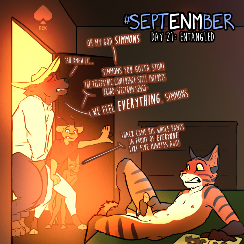 anthro balls bengal_cat blush caught caught_masturbating cricket_talot domestic_cat dungeons_and_dragons embarrassed fek felid feline felis genitals gnoll hasbro hyena iskar_(character) kobold magic magical_mishap male mammal masturbation penis senftember senftember_(2024) simmons_(character) tabaxi thacharay_weeds wizards_of_the_coast