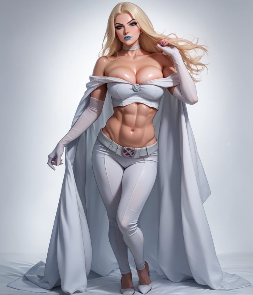 abs ai_generated big_breasts blonde_hair blue_eyes blue_lipstick cape cleavage cleavage_overflow eepol emma_frost fit fit_female flowing_hair large_breasts lipstick long_hair looking_at_viewer marvel marvel_comics mutant navel nipple_slip no_bra no_panties overflow overflowing_breasts revealing_clothes villainess white_queen wolverine_and_the_x-men x-men