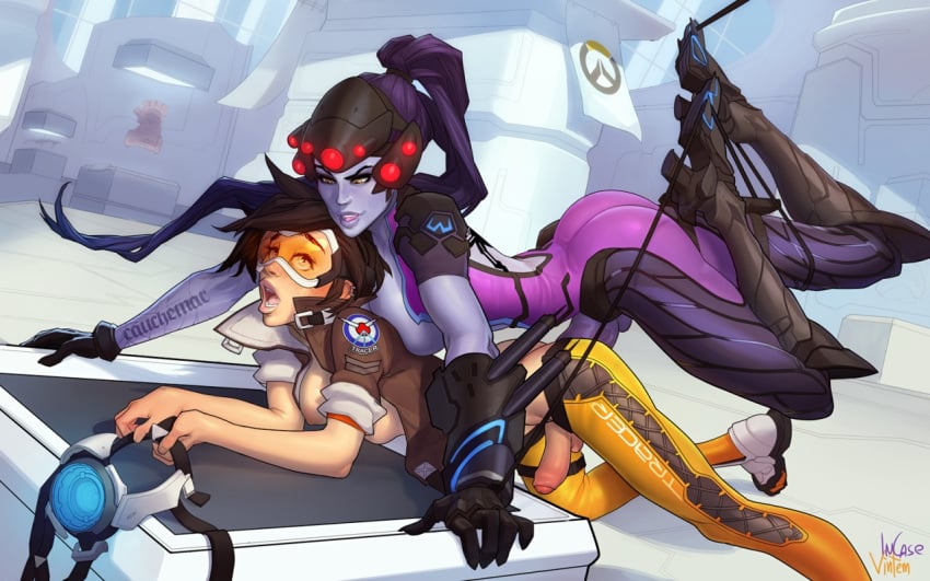 2015 2d ass blizzard_entertainment blue_skin bodysuit boots brown_hair dickgirl doggy_style erection foreskin from_behind futa_on_futa futanari gloves goggles hair headgear high_heels incase intersex jacket open_mouth overwatch penis ponytail purple_hair sex short_hair testicles tied_hair tight_clothes tracer vintem widowmaker