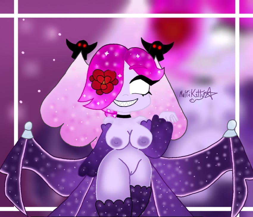 black_necklace brawl_stars colette_(brawl_stars) flower_in_hair flower_on_head multikitty nipples pink_hair purple_skin pussy red_flower virgo_colette_(brawl_stars) white_eyes