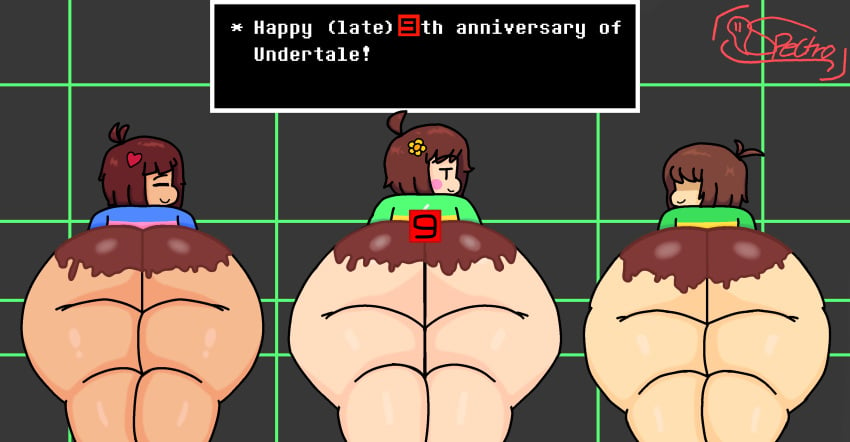 3boys artist_name artist_signature ass ass_focus background big_ass bottom_heavy bottomless brown_hair bubble_ass bubble_butt candle chara chocolate chocolate_on_ass chocolate_on_body closed_eyes cute dat_ass deltarune fair_skin femboy frisk frosting frosting_on_ass frosting_on_butt huge_ass human human_only kris_(deltarune) laying_down laying_on_stomach light_skin looking_at_viewer looking_back male male_only multiple_boys pink_cheeks seductive_look showing_ass smiling spectrodraws tan_skin text_box thicc thick_ass thick_thighs undertale video_game