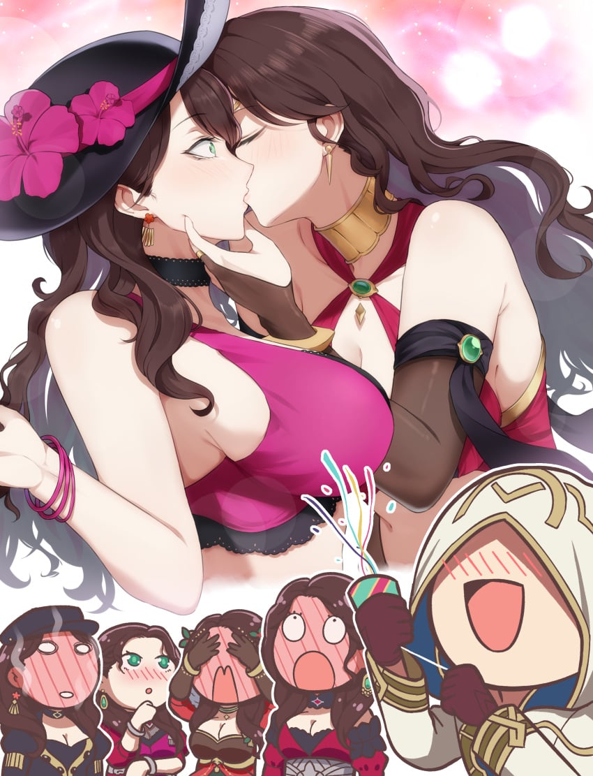 1boy 6+girls blush bracelet breasts brown_hair chibi commission covering_own_eyes dorothea_arnault dorothea_arnault_(plegian) dorothea_arnault_(summer) dorothea_arnault_(winter) earrings fire_emblem fire_emblem:_three_houses fire_emblem_heroes fire_emblem_warriors:_three_hopes green_eyes jewelry kiran_(fire_emblem) kiran_(male)_(fire_emblem) kissing large_breasts long_hair multiple_girls multiple_persona official_alternate_costume official_alternate_hairstyle pixiv_commission randompeeps selfcest smile yuri