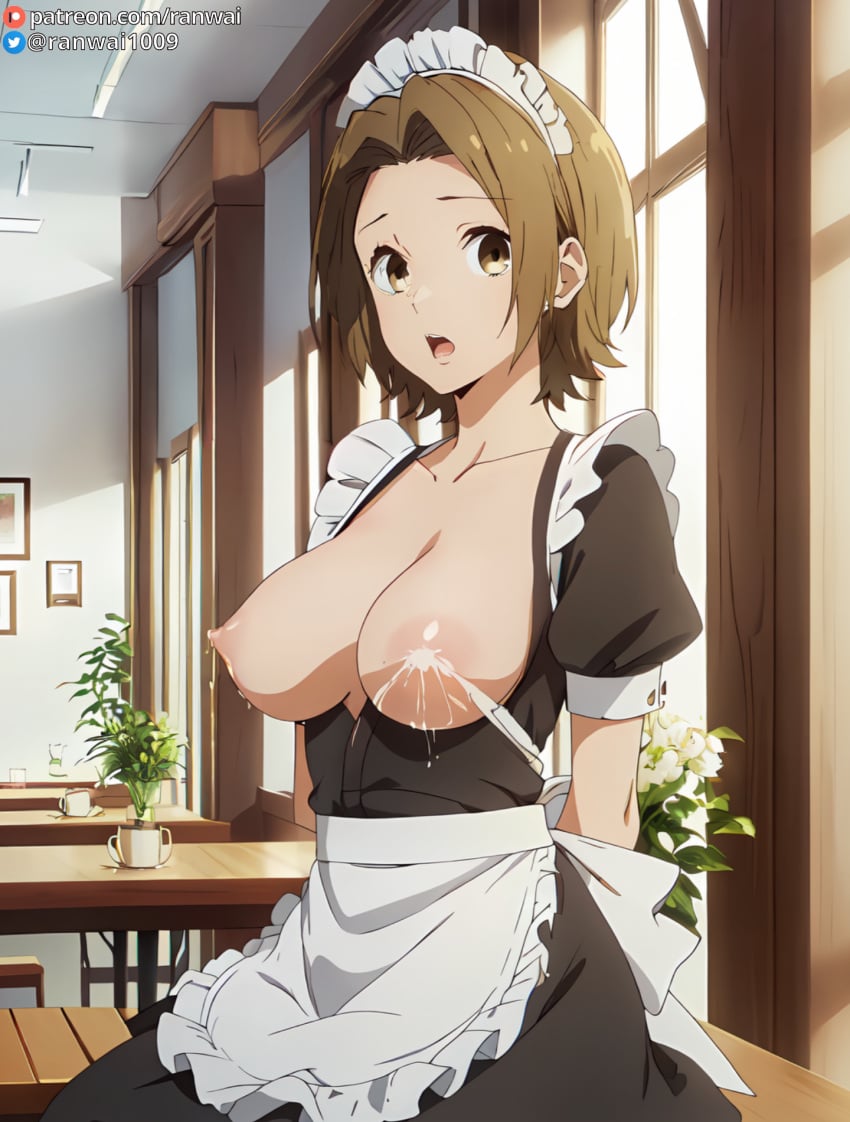 ai_generated apron areolae arms_behind_back black_dress blush breasts breasts_out_of_clothes brown_eyes brown_hair clothing cup dress enmaided exposed_breasts female female female_only flower frilled_apron headdress headwear horimiya indoors lactation large_breasts looking_at_viewer maid maid_apron maid_headdress nipples no_bra open_mouth puffy_sleeves ranwai short_hair short_sleeves solo stable_diffusion table tainaka_ritsu teacup teeth uniform upper_teeth_only waist_apron white_apron window yoshikawa_yuki