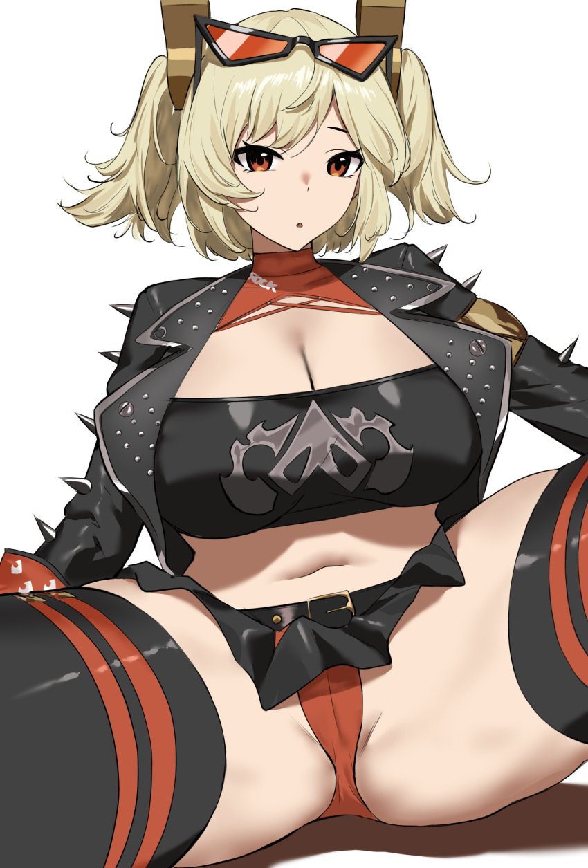 belt black_belt black_jacket black_thighhighs black_tube_top blonde_hair breasts burnice_white cameltoe cleavage crop_top eyewear_on_head female highres huge_breasts jacket large_breasts looking_at_viewer miniskirt miyou panties parted_lips red-tinted_eyewear red_eyes red_panties short_hair simple_background sitting skirt solo spiked_jacket spread_legs strapless thick_thighs thighhighs tinted_eyewear tube_top two_side_up underwear white_background zenless_zone_zero