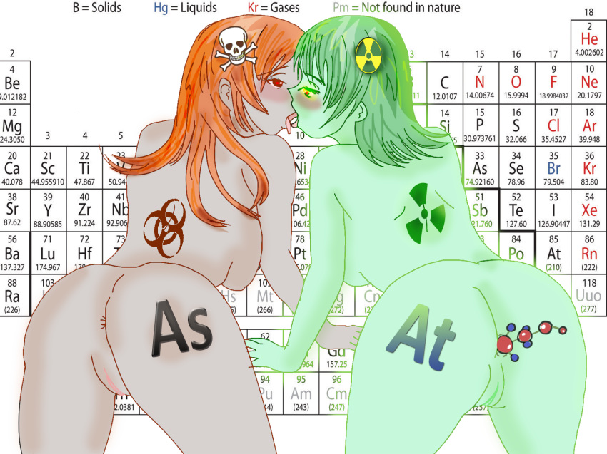 2girls 4chan anal_beads anal_insertion anus arsenic ass astatine biohazard_symbol blush chemical_element chemistry dat_ass female female_only halogen inanimate kissing molecule multiple_girls nude periodic_table personification pussy radioactive science tattoo yuri