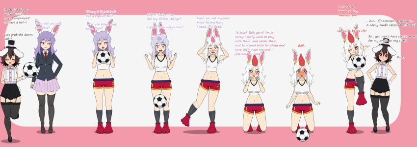 1girls ?! anthro ball big_breasts blush breast_expansion breasts cinderace dialogue female female_focus female_only football_(ball) hair hi_res human human_to_anthro kisekae lagomorph mammal navel nintendo nipples open_mouth paintednecroz pokémon_(species) pokemon pussy red_eyes red_hair red_nose reisen_udongein_inaba sequence simple_background size_transformation solo solo_female solo_focus species_transformation spiral_eyes teeth tewi_inaba touhou transformation video_games white_body