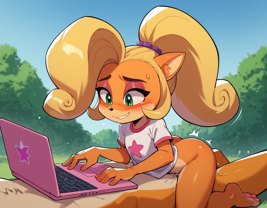 1boy1girl 1girl1boy ai_generated ass blonde_hair blush bodily_fluids bottomless bottomless_female buurazu casual casual_incest casual_sex coco_bandicoot cowgirl_position crash_(series) crash_(series) crash_bandicoot distracted distracted_sex eyeshadow female furry furry_only green_eyes happy happy_sex incest laptop laptop_on_lap male multitasking orange_fur paws pussy pussy_ejaculation pussy_juice smile smiling vagina vaginal_penetration vaginal_penetration white_shirt