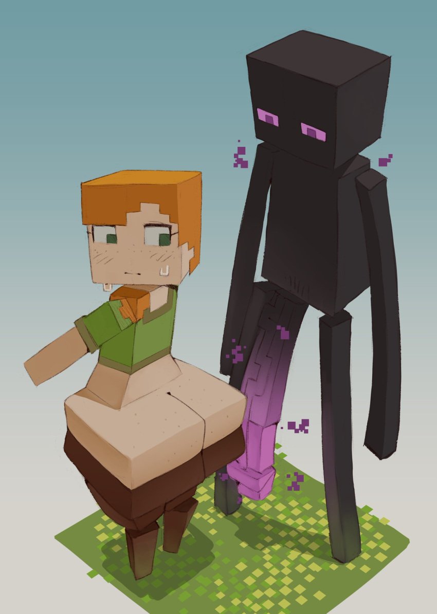 1boy 1girls alex_(minecraft) ass_bigger_than_head ass_bigger_than_torso enderman forastero glowing_penis huge_ass huge_cock large_ass large_penis long_penis looking_down_at_penis minecraft overflow overflowing_ass