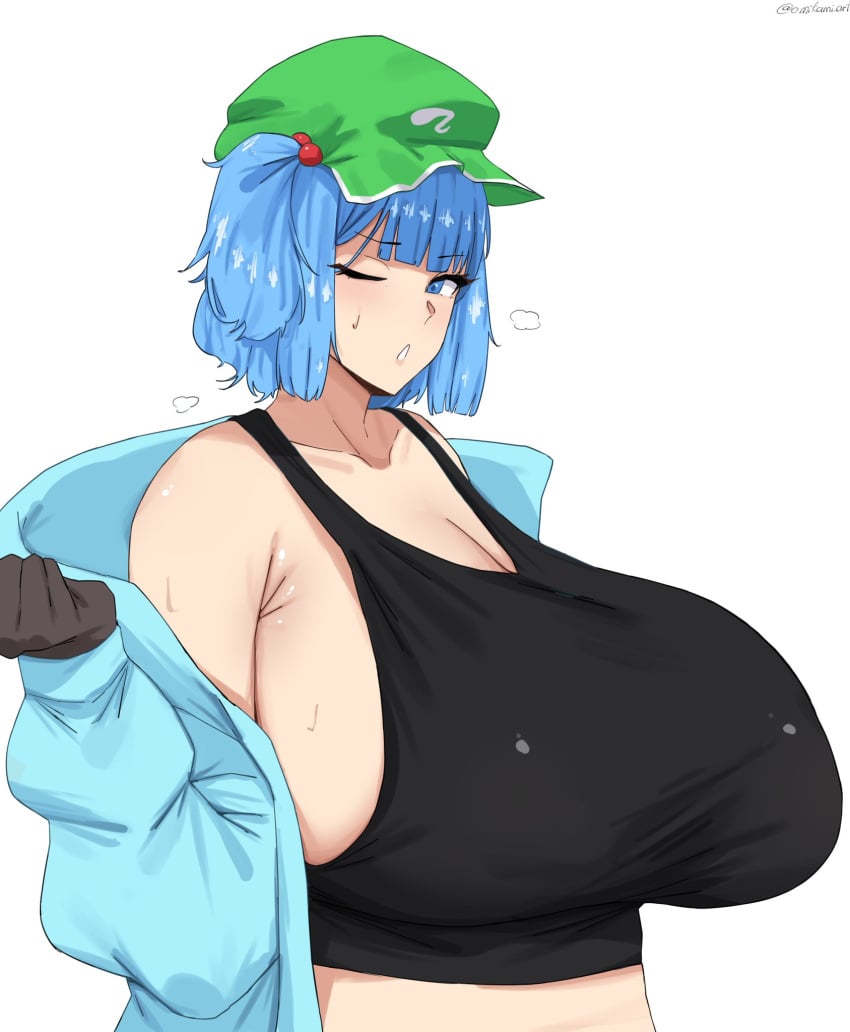 1girls big_breasts blue_eyes blue_hair breasts cap cleavage gloves hat huge_breasts jacket light-skinned_female nitori_kawashiro omikami one_eye_closed open_jacket sideboob solo solo_female tank_top touhou white_background