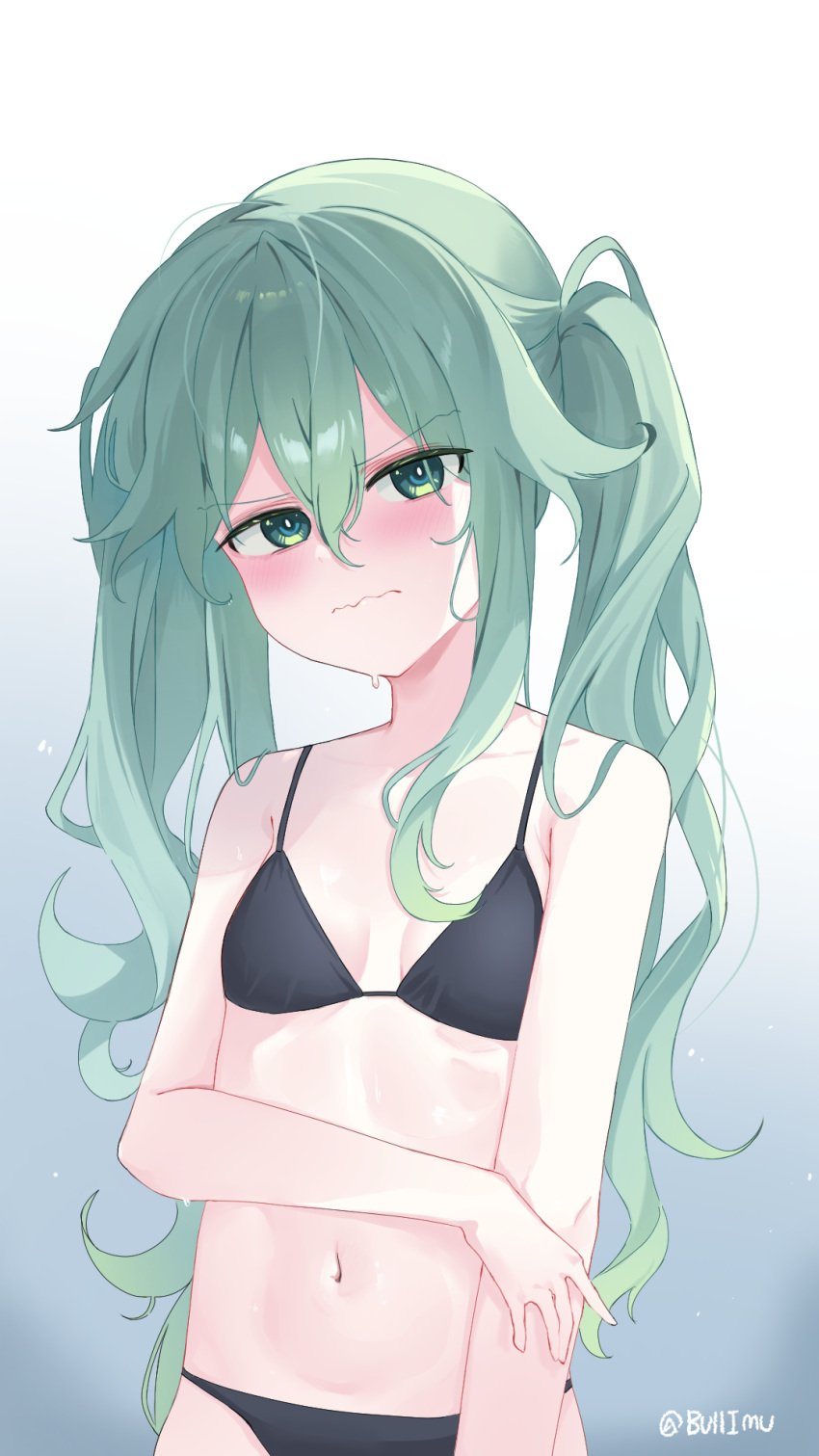 2d 2d_(artwork) belly_button bikini blush breasts bull_imu date_a_live green_eyes green_hair kyouno_natsumi light-skinned_female long_hair looking_at_viewer natsumi_(date_a_live) small_breasts