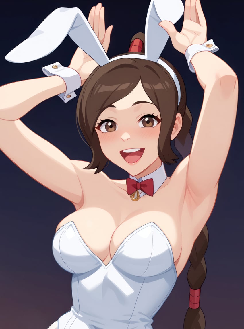 20:27 :d ai_generated alternative_costume animal_ears armpit_blush armpit_pose armpits arms_up avatar_the_last_airbender bangs bowtie braid braided_ponytail breasts brown_eyes brown_hair bunny_ears_gesture bunny_girl bunnysuit cartoon cleavage clothing fake_animal_ears fake_bunny_ears female female_only full_cleavage gradient gradient_background half_body high_ponytail large_breasts leotard long_hair looking_at_viewer low-tied_long_hair navel_visible_through_clothes neckwear no_bra no_watermark open-mouth_smile open_mouth playboy_bunny ponytail red_bowtie red_neckwear sexy_armpits sideboob sidelocks sleeveless_leotard smile smiling_at_viewer smooth_armpits solo stable_diffusion strapless_leotard swept_bangs tied_hair topaz_a.i._gigapixel two-tone_background ty_lee upper_body upscaledhigh_resolution very_high_resolution waist_up white_bunny_ears white_detached_collar white_leotard white_wrist_cuffs