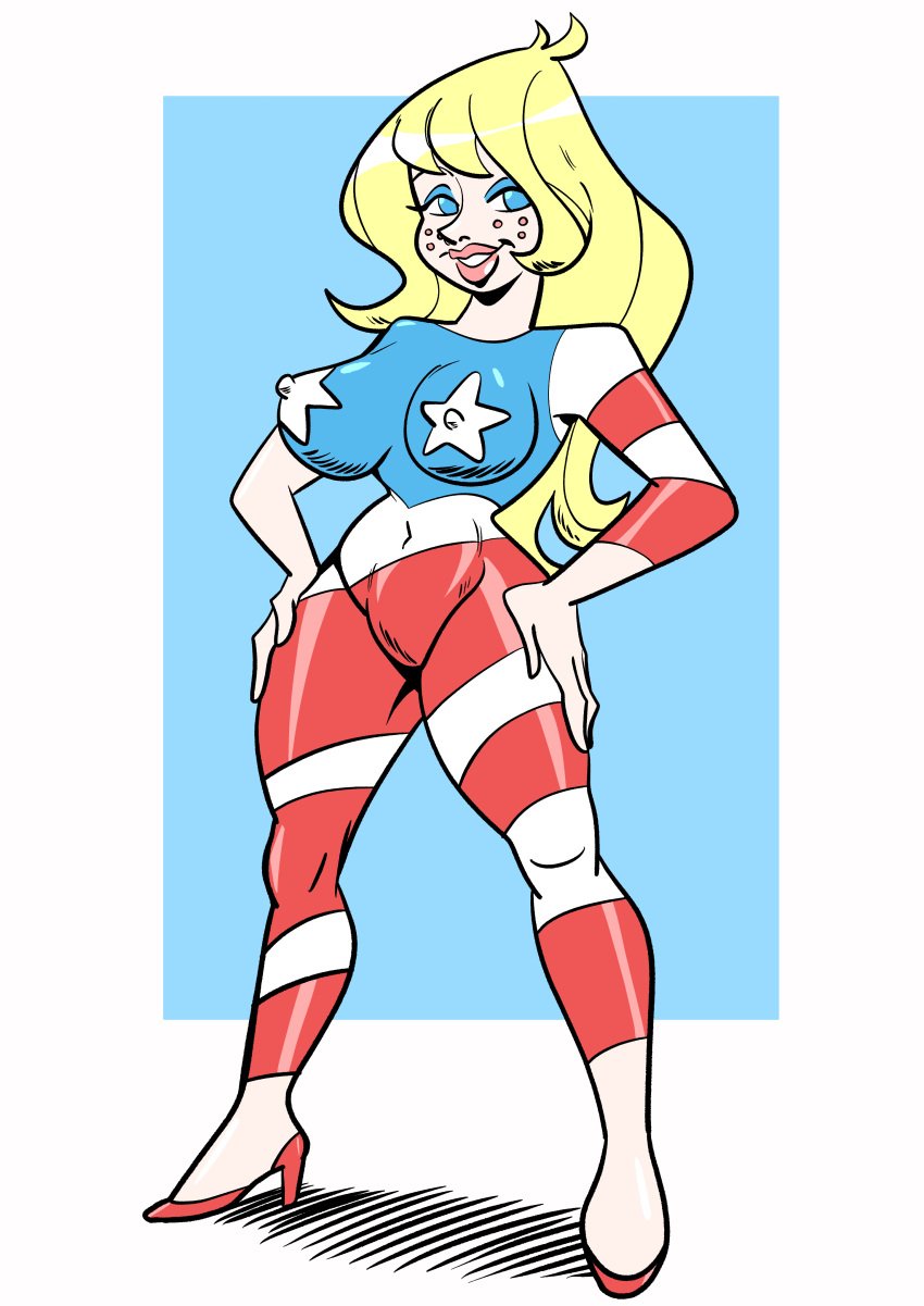 american_flag big_breasts blonde_hair blue_eyes coonskin insomniacpen miss_america miss_america_(coonskin) skin_tight