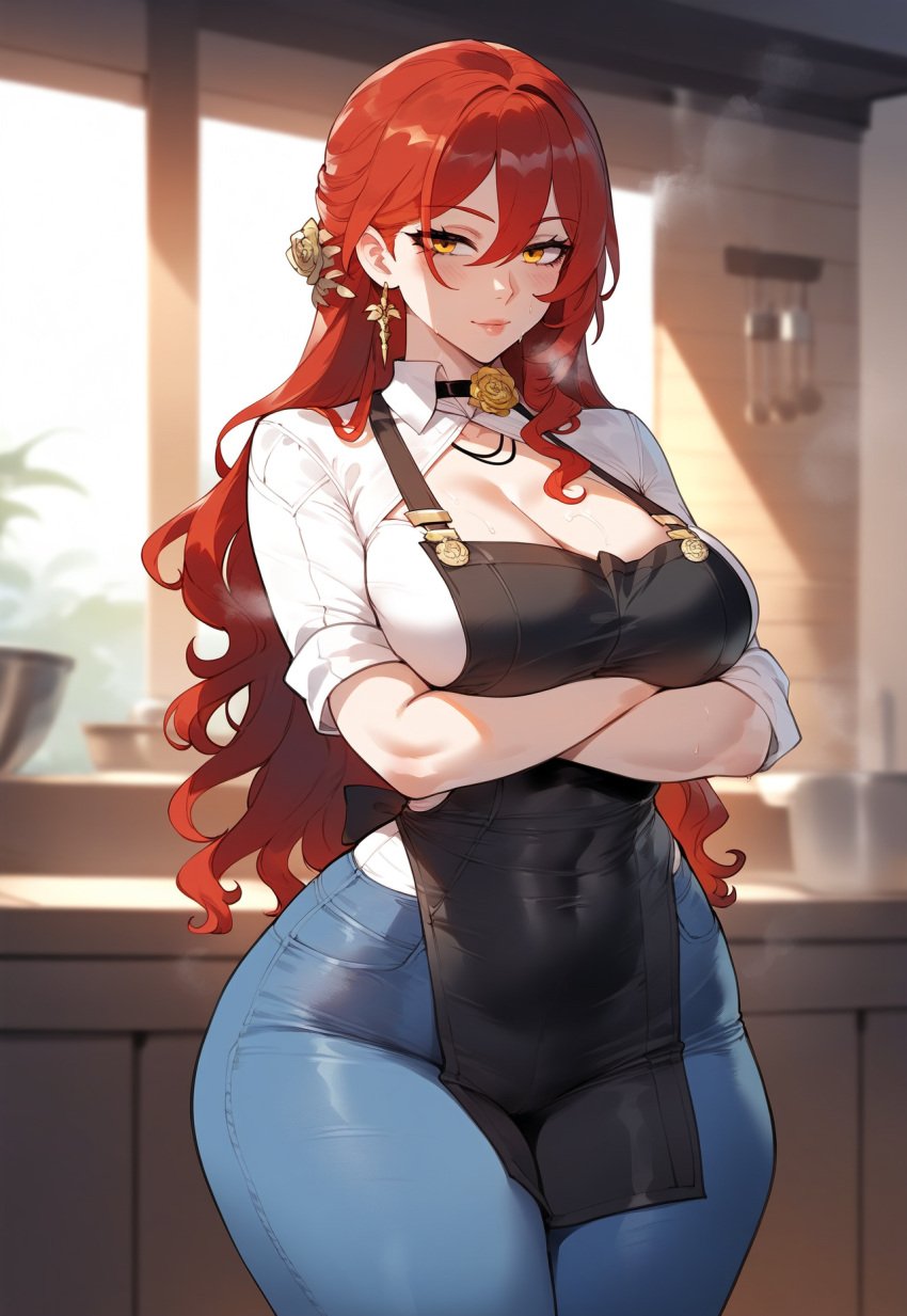 1girls ai_generated apron bangs black_apron blue_pants blush breasts cleavage closed_mouth clothing collared_shirt covered_navel crossed_arms curvaceous curvaceous_female curvaceous_figure curvy curvy_figure denim dress earrings female female_focus guns_girlz_(series) hair_between_eyes hair_ornament himeko_(honkai:_star_rail) honkai:_star_rail indoors inviting inviting_to_sex jeans jewelry kitchen large_breasts lips long_hair looking_at_viewer makeup mature_female milf miyuai mole mole_on_breast murata_himeko pants red_hair seductive seductive_look seductive_smile shirt short_sleeves sleeves_rolled_up smile solo sweat thighs tied_hair uncensored voluptuous voluptuous_female white_shirt wide_hips yellow_eyes