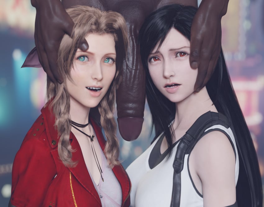 1boy 2girls 3d aerith_gainsborough big_penis black_hair brown_hair cock_worship dark-skinned_male dark_skin derpderp final_fantasy final_fantasy_vii final_fantasy_vii_remake green_eyes huge_cock imminent_sex interracial light-skinned_female light_skin looking_at_viewer penis_awe penis_on_face red_eyes tifa_lockhart