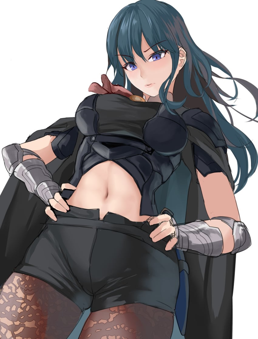 1girls armlet black_shorts blue_eyes blue_hair breasts brown_pantyhose byleth_(fire_emblem) byleth_(fire_emblem)_(female) clothing_cutout commentary_request cowboy_shot female fire_emblem fire_emblem:_three_houses hands_on_own_hips highres jewelry large_breasts long_hair looking_at_viewer navel nintendo pantyhose sail_(sail-away) short_shorts shorts solo standing stomach stomach_cutout