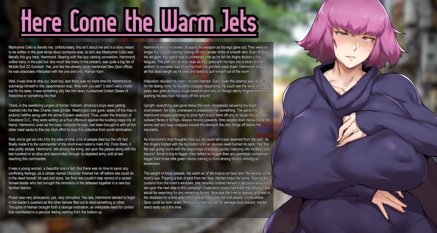 blush caption english english_text gender_transformation gundam gundam_zz haman_karn huge_breasts hyper_breasts identity_death mtf_transformation natedecock nipple_bulge nipples_visible_through_clothing pink_eyes pink_hair story_in_picture sweat text theaream vietnam_war