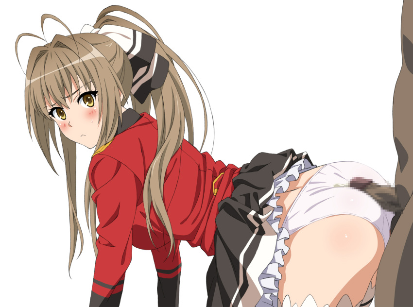 1boy 1girls amagi_brilliant_park ass assjob bent_over big_ass big_breasts big_butt blush bow breasts brown_eyes brown_hair busty butt buttjob censored clothed_female_nude_male cum cum_on_ass cum_on_clothes curvaceous curvy dark-skinned_male dark_skin female frown hairbow highres huge_ass huge_breasts huge_butt interracial large_breasts light-skinned_female light_skin long_hair male mokke panties penis ponytail sento_isuzu simple_background skirt thighhighs tied_hair underwear uniform voluptuous white_background white_legwear white_panties