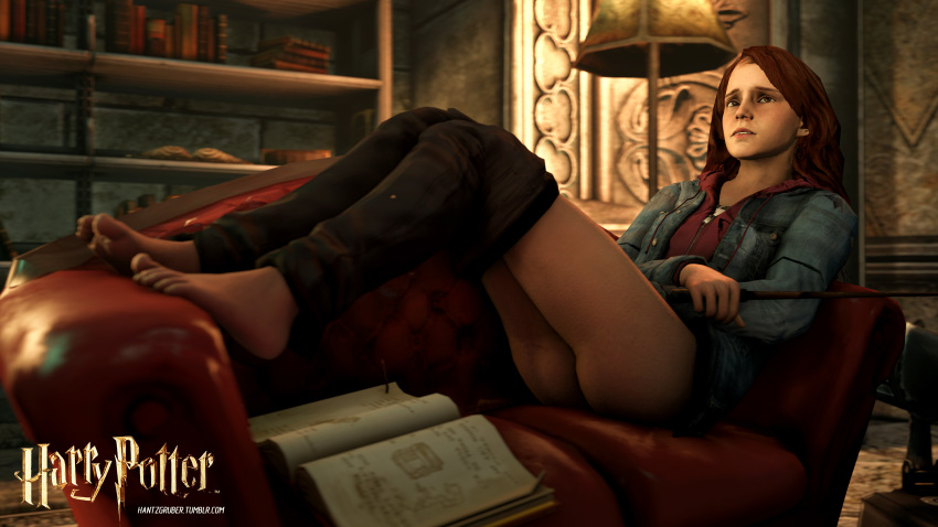 1girls 3d ass bare_ass barefoot brown_hair couch denim denim_jacket fantasy feet female female_only full_body gryffindor_tower hair hantzgruber harry_potter hermione_granger hogwarts holding_object holding_wand hoodie human jacket legs_up no_panties no_underwear nudity on_couch pants pants_down pants_pull pants_pulled_down partially_clothed shirt side_view sofa solo solo_female toes wand witch zipper