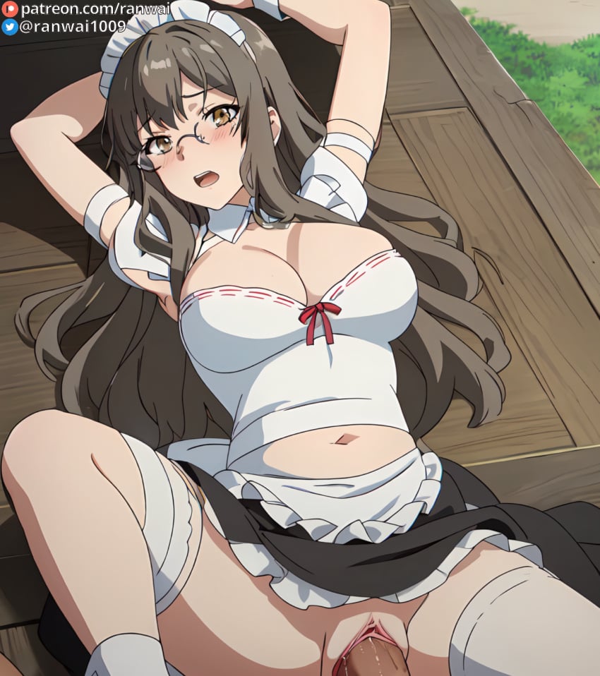 1boy ai_generated apron arms_behind_head arms_up bangs blush breasts brown_eyes brown_hair cleavage clitoris clothed_sex clothing detached_collar dress eyewear female female frills futaba_rio glasses headdress headwear large_breasts legwear long_hair looking_at_viewer lying maid maid_headdress male navel nipples on_back open_mouth penis ranwai round_eyewear seishun_buta_yarou_wa_bunny_girl_senpai_no_yume_wo_minai sex single_thighhigh skirt solo_focus spread_legs stable_diffusion straight teeth thighhighs torn_clothes uniform upper_teeth_only vagina vaginal_penetration white_apron white_legwear wrist_cuffs