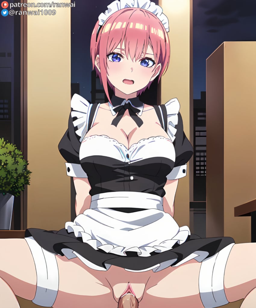 1boy ai_generated apron bangs black_dress blue_eyes blush bow breasts building cleavage clothed_sex clothing cowgirl_position cowgirl_position detached_collar dress female female frills go-toubun_no_hanayome hair_between_eyes headdress headwear indoors large_breasts looking_at_viewer maid maid_apron maid_headdress male nakano_ichika night open_mouth penis pink_hair puffy_short_sleeves puffy_sleeves ranwai ribbon sex short_hair short_sleeves solo_focus spread_legs stable_diffusion straddling straight uniform vagina vaginal_penetration waist_apron white_apron